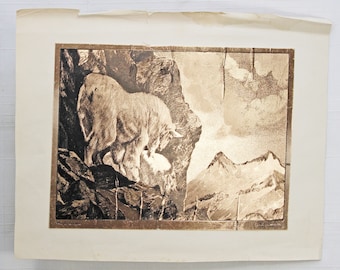 Vintage Fred Bear Big Game Copper Etch Print Mountain Goat di R.H. Palenske Ricurvo Pagina Junk Journal Fornitura Ephemera Collage Mixed Media