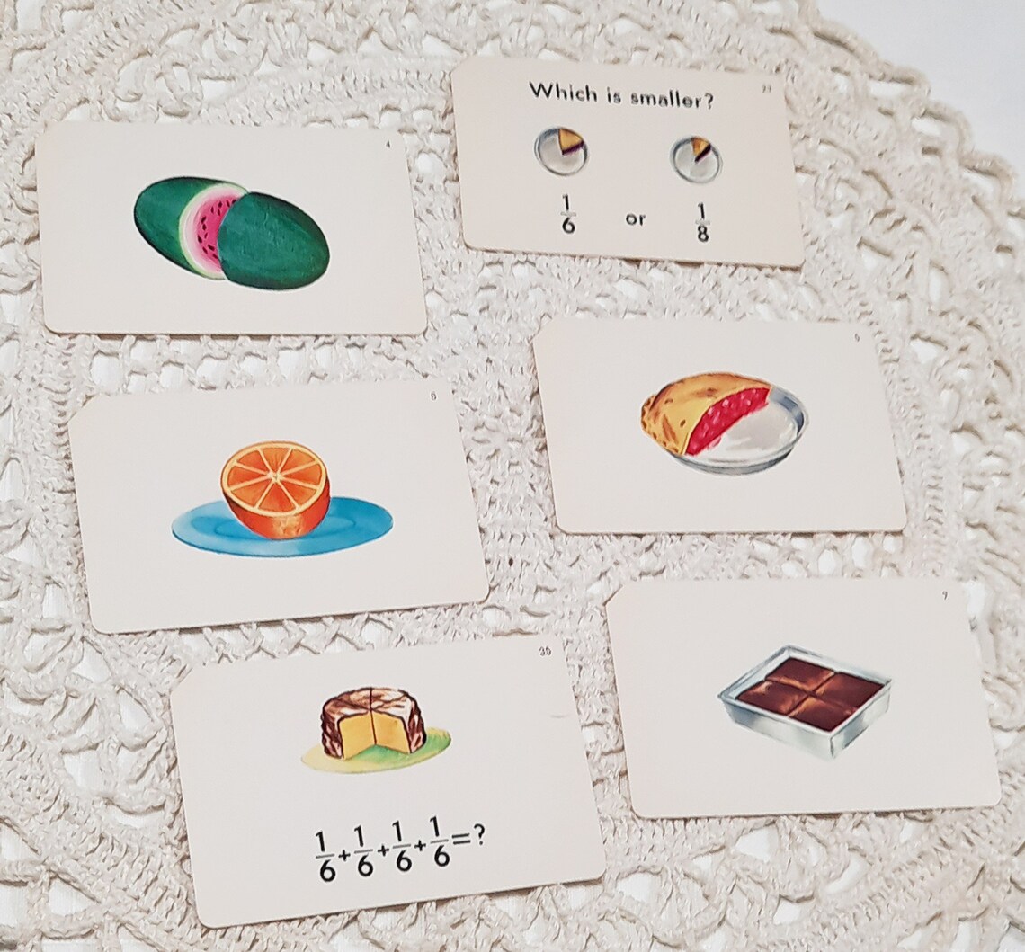 6 Vintage Whitman Fractions Flash Cards Pictured Math