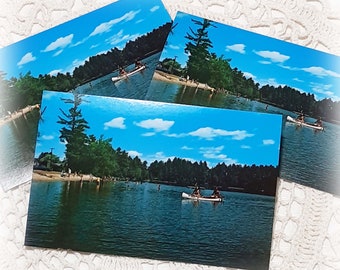3 Vintage Postcards Halls Lake Public Beach Vermont Wells River Summer Swim Canoe Ephemera Junk Journal Mixed Media Craft Collage Collection