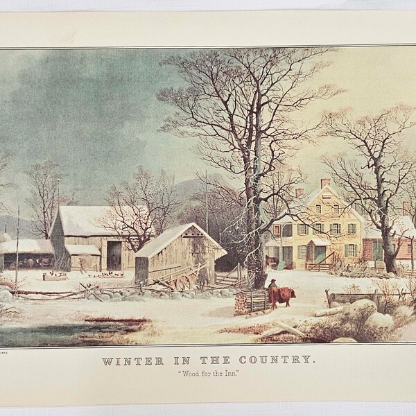 Currier and Ives print Winter Country Wood for The Inn Vintage Travelers Calendar Junk Journal Supply Ephemera Collage Mixed Media Framable