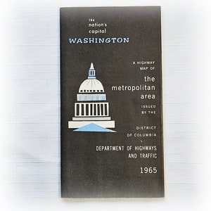 Mapa de rodovias vintage de Washington D.C., área metropolitana 1965, guia de visitantes, decoração de rua, livro de recortes, papel, lixo, suprimentos de diário
