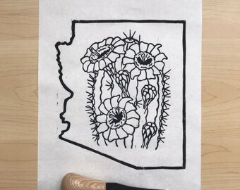 Impression Arizona Saguaro - Art floral d'État imprimé à la main