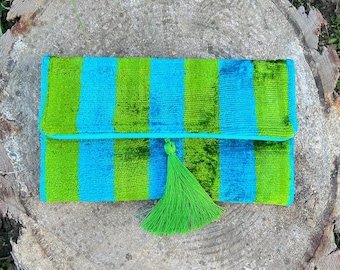 Green & Blue Ikat Velvet Clutch Bag: Handmade Silk Evening Bag