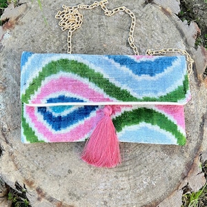 Bolsa de mão verde, bolsa de mão rosa, bolsa de mão azul, bolsa de mão de veludo ikat, bolsa de mão azul rosa, bolsa de mão para noite, bolsa de mão para casamento