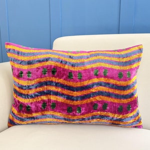 Colorful Ikat Velvet Pillow: Handmade Boho Cushion