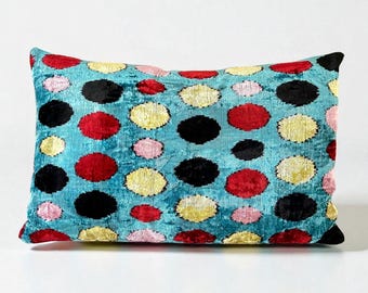 Turquoise Polka Dot Ikat Velvet Pillow, Handmade Silk Velvet Cushion