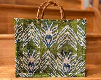Velvet Ikat Tote Bag: Silk Handbag with Bamboo Handles