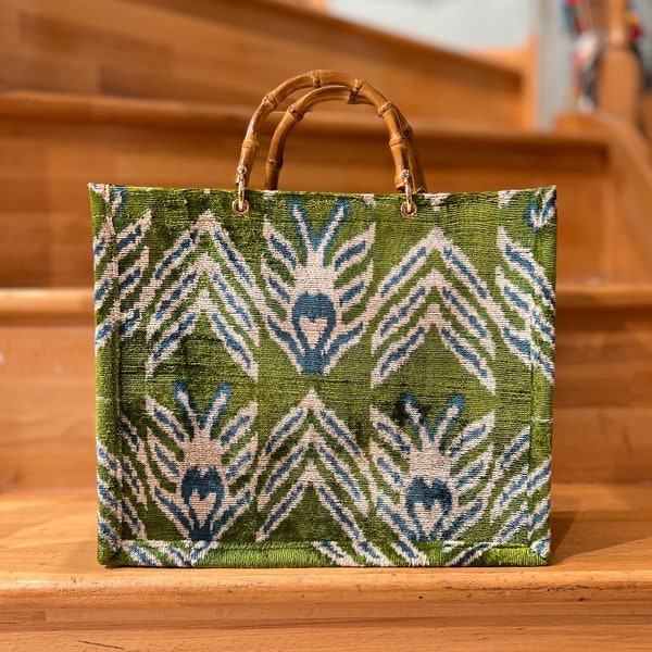 Velvet ikat tote bag,  Velvet tote bag, Blue ikat bag, Green velvet bag, Ikat clutch bag Tote evening bag, Tote wedding bag, Ikat handbag