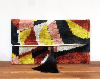 Brown Clutch Bag, Brown Ikat Bag, Yellow Clutch Bag, Ikat Handbag, Boho Clutch Bag, Velvet Clutch Bag, Beige Clutch Bag, Ikat Handbags