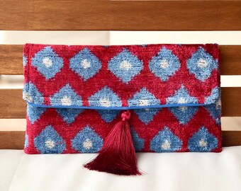 Red ikat clutch bag, Blue ikat bag, Ikat handbags, Wedding bags, ikat velvet bag, ikat purses, Clutch wallet, Evening clutch bag, Silk bags