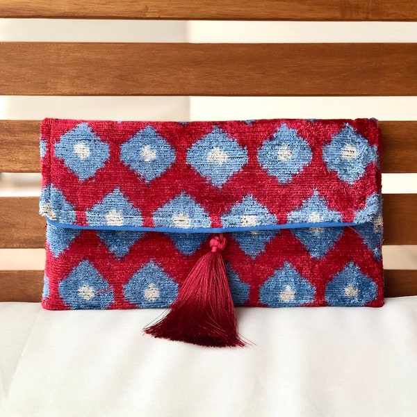 Red ikat clutch bag, Blue ikat bag, Ikat handbags, Wedding bags, ikat velvet bag, ikat purses, Clutch wallet, Evening clutch bag, Silk bags