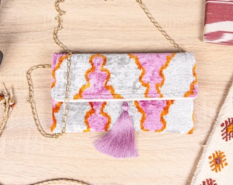 Ikat Clutch Bag in Pink & Orange Velvet | Stylish Evening Accessory