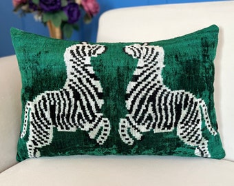 Green ikat cushion cover, Velvet ikat pillow, Zebra Pillow Cover, Decorative pillow, Silk Throw Pillow, Lumbar ikat pillow, Animal Pillow