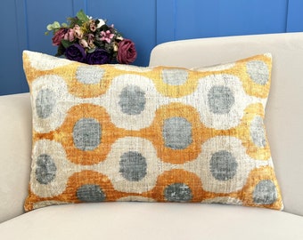 Yellow Ikat Cushion Cover, Gray Ikat Pillow Cover, Velvet Ikat Pillow Cover, Vintage Ikat Pillow, Lumbar Ikat Pillow, Boho Yellow Pillow