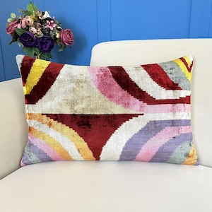 Handmade Silk Velvet Ikat Pillow Cover: Colorful Bohemian Decor