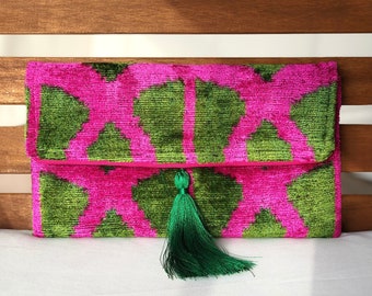 Pochette Ikat, Pochette verde, Pochette rosa, Pochette in velluto Ikat, Pochette rosa verde, Pochette da sera, Pochette da sposa