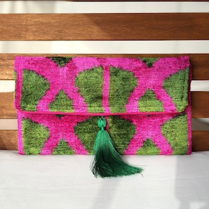 Ikat Clutch Bag, Green Clutch Bag, Pink Clutch Bag, Ikat Velvet Clutch Bag, Green Pink Clutch, Evening Clutch Bag, Wedding Clutch Bag image 1