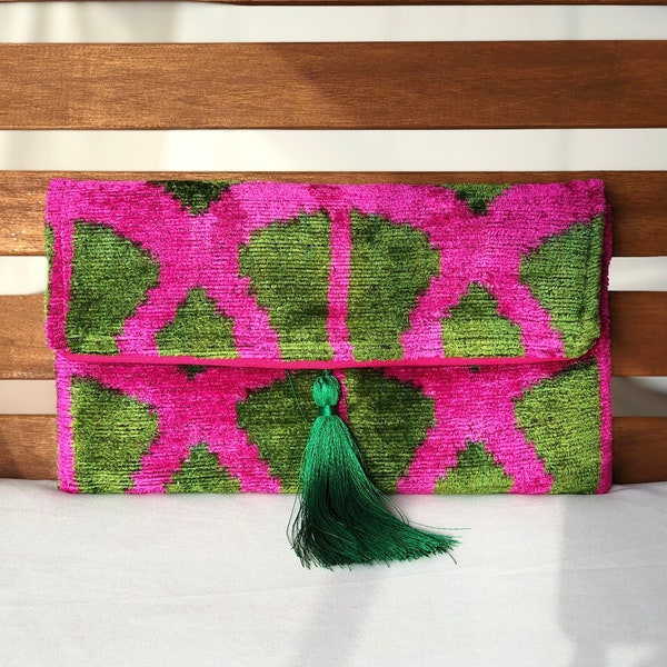 Ikat Clutch Bag, Green Clutch Bag, Pink Clutch Bag, Ikat Velvet Clutch Bag, Green Pink Clutch, Evening Clutch Bag, Wedding Clutch Bag