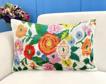 Multicolor Ikat Pillow, Colorful Ikat Pillow, Velvet Ikat Cushion Cover, Floral Ikat Pillow, Handmade Ikat Pillow, Vibrant Accent Pillow