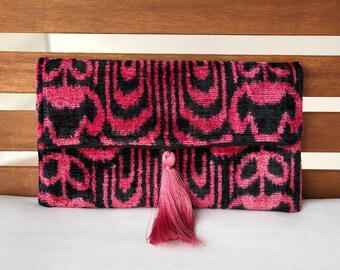 Pink Ikat Clutch Bag, Pink Clutch Bag, Ikat Velvet Bag, Ikat Handbag, Boho Pink Clutch Bag, Silk Velvet Ikat Bag, Wedding Bag, Evening Bag