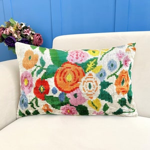 Multicolor Ikat Pillow, Colorful Ikat Pillow, Velvet Ikat Cushion Cover, Floral Ikat Pillow, Handmade Ikat Pillow, Vibrant Accent Pillow image 1