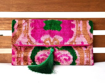 Bolso clutch rosa, bolso clutch ikat rosa, clutches de noche, bolso de boda, bolso clutch boho, bolso de terciopelo ikat de seda, bolso clutch de mujer, billetera clutch