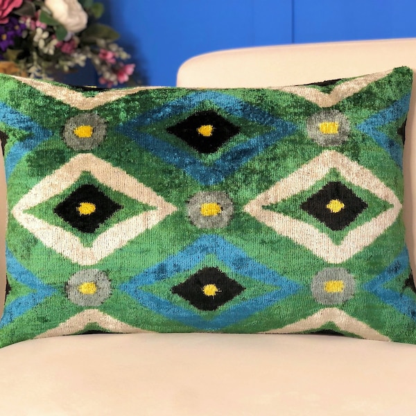 Green Ikat Pillow, Ikat Velvet Pillow, Green Pillow Cover, Lumbar Ikat Pillow, Velvet Ikat Cushion, Velvet Throw Pillow, Green Velvet Pillow