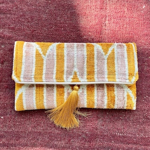 Mustard Velvet Ikat Clutch Bag with Tassel: Boho Evening Purse