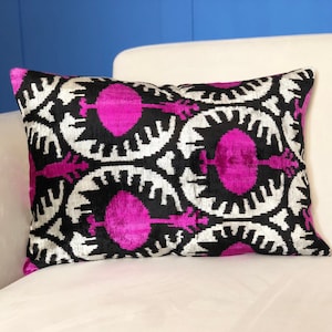 Vintage Uzbek Silk Velvet Ikat Pillow Cover: Pink Accent Cushion
