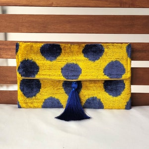 Gelbe Clutch Tasche, Samt Clutch Tasche, Ikat Clutch Tasche, Lila Clutch Tasche, Boho Clutch Bag, Hochzeit Clutch Bag, Abend Clutch Bag, Ikat Taschen