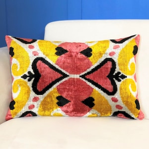 Pink Velvet Ikat Pillow Cover: Vintage Uzbek Silk Cushion