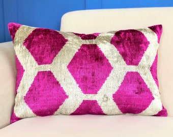 Pink Velvet Cushion, Pink Throw Pillow, Velvet Ikat Pillow, Boho Pink Pillow, Pink decorative pillow, Lumbar Pkat Pillow, Pink pillow cover