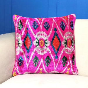 Square Pink Ikat Velvet Pillow: Bohemian Cushion Cover