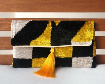Black and Yellow Clutch Bag, Yellow Clutch Bag, Yellow Ikat Bag, Handmade Clutch Bag, Yellow Ikat Bag, Velvet Clutch Bag, Women Clutch Bag