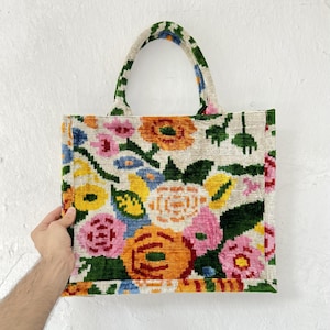 Floral Velvet Tote Bag | Colorful Handmade Ikat Bag | Suzani Pattern Boho Bag | Vintage Style Shoulder Bag | Gift For Her, Ikat Tote Bag