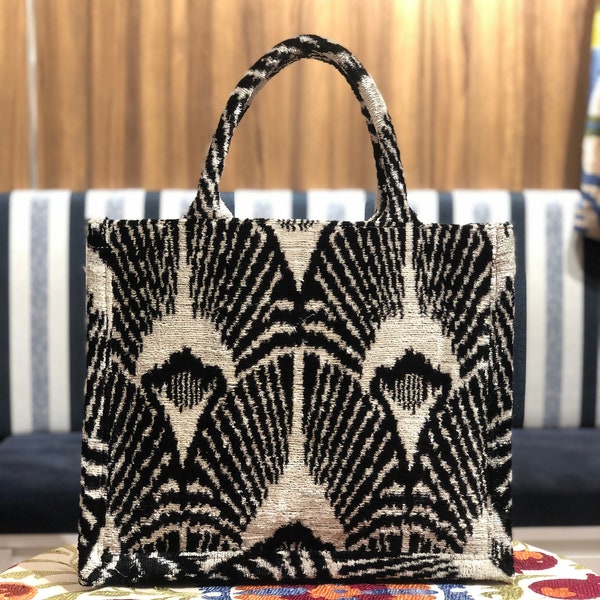 Velvet tote bag, Black and white ikat bag, Ikat tote bag, Velvet handbag, Boho tote bag, Canvas tote bag, Bench tote bag, Shopping tote bag