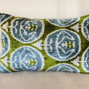 Green Velvet Ikat Pillow Cover: Bohemian Lumbar Cushion