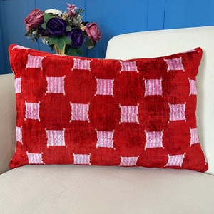 Red Ikat Lumbar Pillow: Pink Velvet, Boho Home Decor