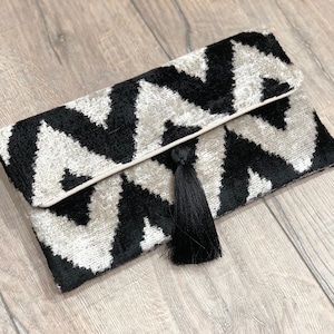 Black & White Ikat Velvet Clutch Bag: Handmade Silk Evening Bag