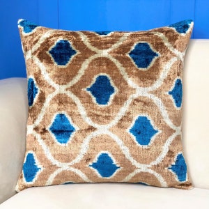 Blue Velvet Ikat Pillow Cover: Handmade Boho Cushion