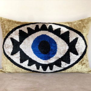 Eye pillow cover, Eye throw pillow, Evil eye pillow, Beige pillow cover, Beige ikat pillow, Velvet ikat pillow, Velvet ikat cushion