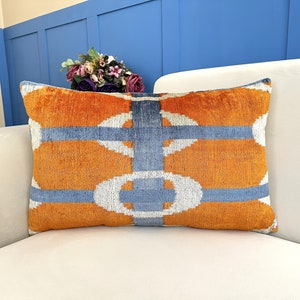 Orange Ikat Pillow Cover, Orange Pillow Cover, Ikat Velvet Pillow Cover, Lumbar Ikat Pillow, Velvet Throw Pillow, Boho Ikat Pillow image 1