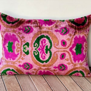 Pink Ikat Pillow Cover, Pink Green Ikat Pillow, Decorative Ikat Cushion, Silk Velvet Ikat Pillow, Pink Velvet Pillow, Pink Accent Pillows