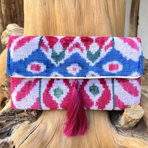 Handcrafted Ikat Velvet Clutch Bag: Blue & Red Silk, with Tassel