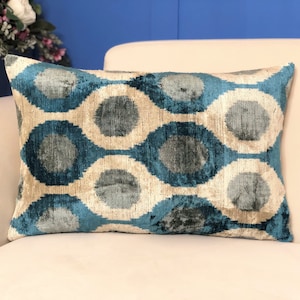 Blue Velvet Ikat Pillow: Handwoven Uzbekistan Silk, Boho Cushion