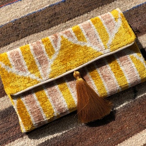 Yellow Clutch bag, Ikat Clutch Bag, Yellow Velvet bag, Boho Clutch Bag, Ikat Velvet Bag, Silk Velvet Ikat Bag, Evening clutch bag, Silk Ikat image 1