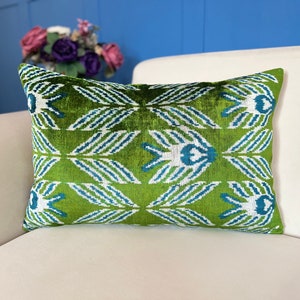 Green Ikat Velvet Lumbar Pillow: Boho Home Decor