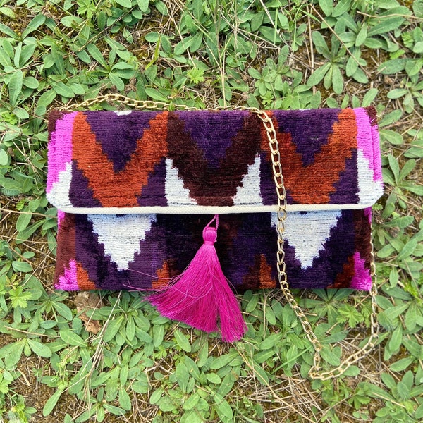 Pink ikat clutch bag, Pink ikat bag, Purple clutch bag, Velvet clutch bag, Evening clutch bag, Wedding clutch bag, Boho Pink Clutch Bag