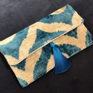 Blue ikat clutch bag, Blue clutch bag, Ikat handbag, ikat velvet bag, Clutch purse, Clutch wallet, Evening bag, Wedding bag, Boho clutch bag