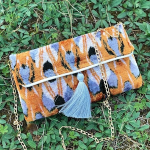 Orange Ikat Clutch Bag with Blue Tassel – Bee Pattern Velvet Purse | Handmade Boho Clutch | Silk Evening Bag | Gift for Her | Animal Ikat